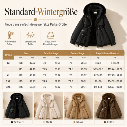 Größentabelle mit Maßen für M bis 3XL, oben der schwarze Parka, unten vier Farbvarianten 12