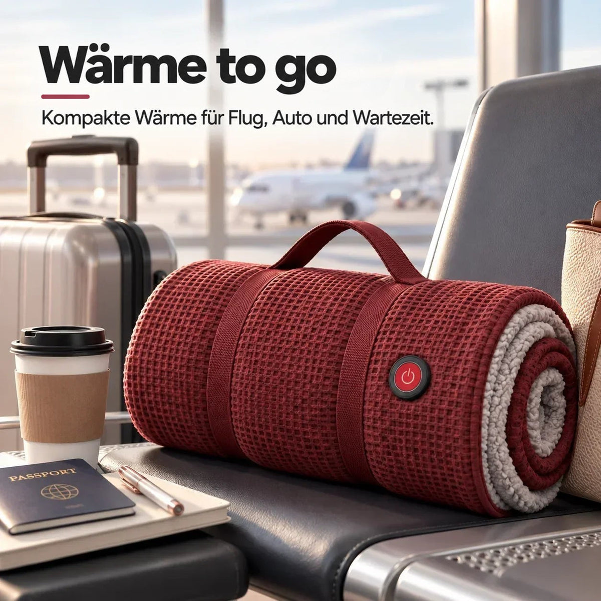 Aufgerollte rote Heizdecke mit Griff liegt am Flughafen auf einem Sitz, daneben Reisepass, Kaffeebecher und Koffer 12