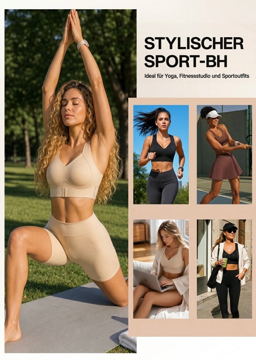 Collage mit Model bei Yoga im Park im beigen BH sowie vier kleinere Bilder in Sport- und Alltagssituationen. 9