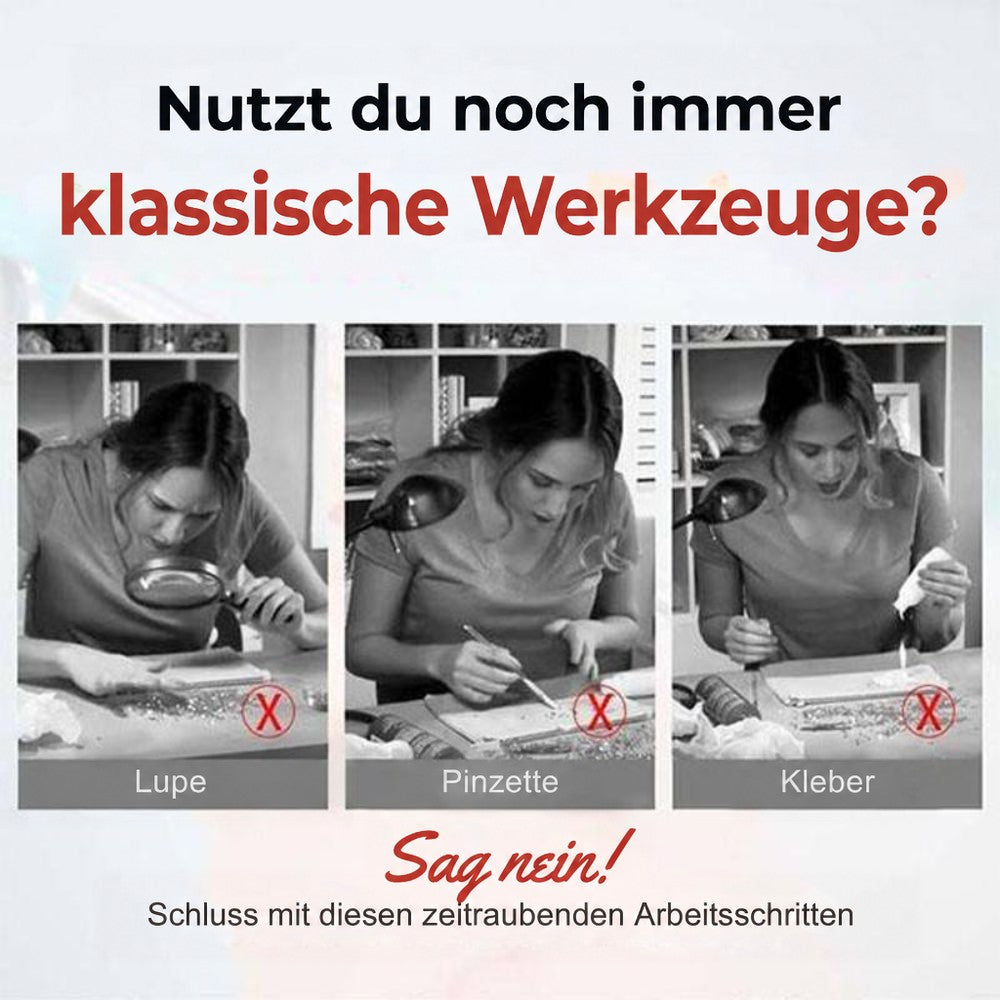 Drei Schwarzweißfotos einer Frau, die mühsam mit Lupe, Pinzette und Kleber Strasssteine anbringt 2