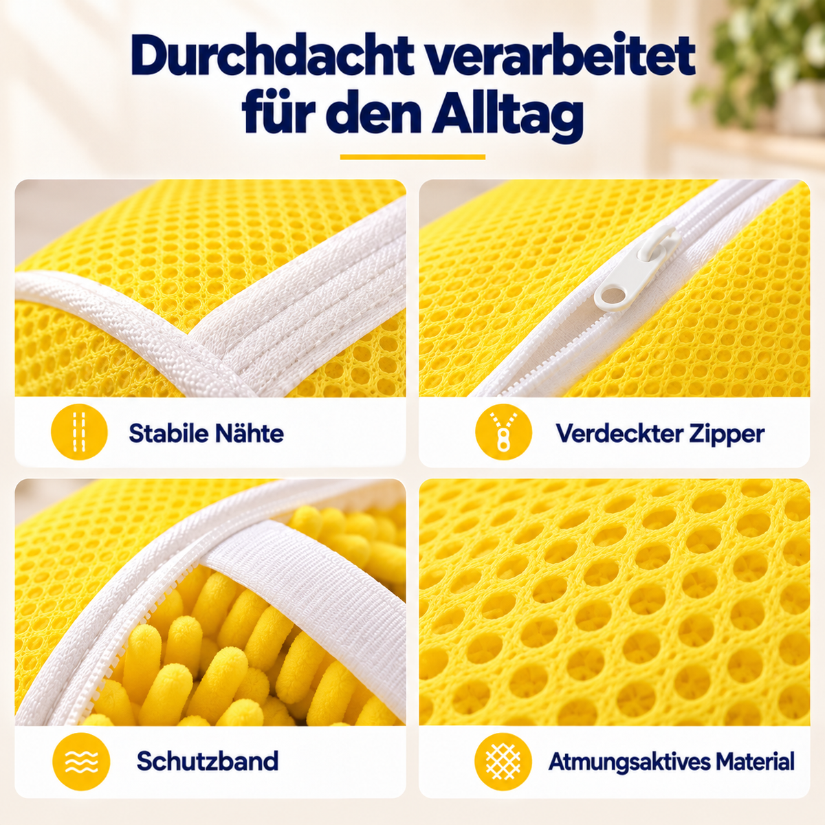 Vier Detailaufnahmen: verstärkte Nähte, verdeckter Reißverschluss, Schutzband über dem Zipper und atmungsaktives 7