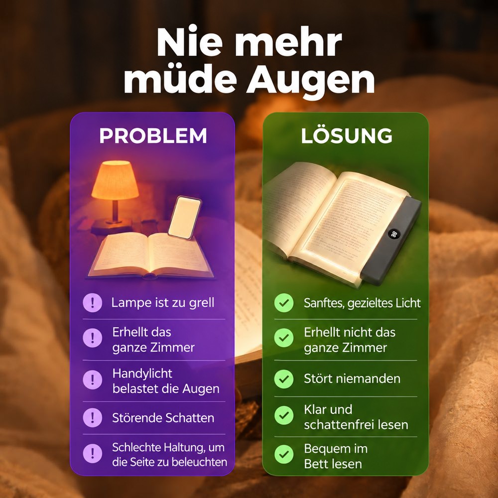 Gegenüberstellung von Nachttischlampe mit Smartphone und der flachen Leselampe, die die Buchseite sanft ausleuchtet 4