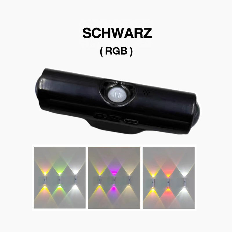 Schwarze Wandleuchte mit Bewegungssensor, darunter drei Wandbeispiele mit mehrfarbigem RGB-Licht 4