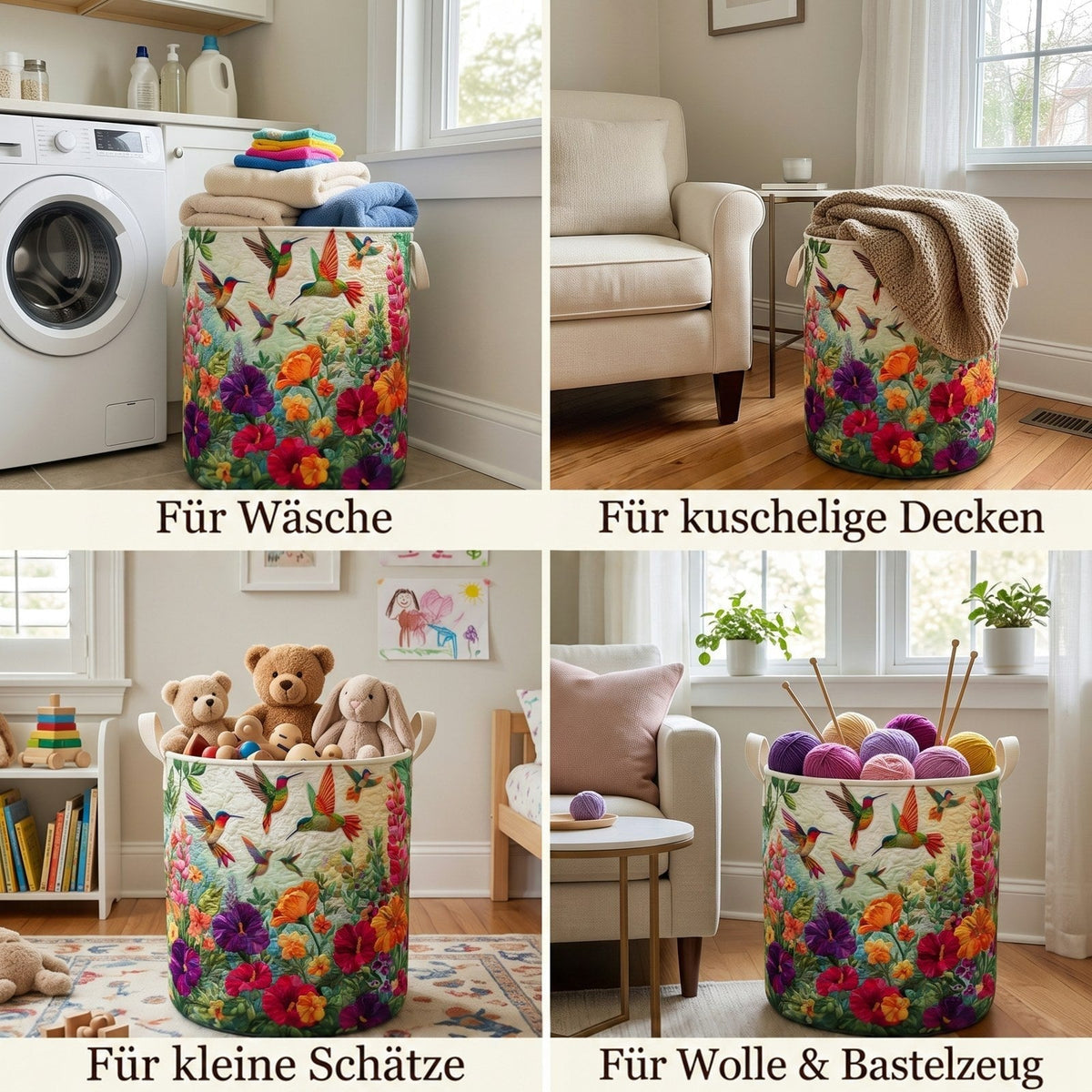 Vier Einsatzmöglichkeiten des Blumenkorbs im Raum: für Wäsche, Decken, Kinderspielzeug und Wolle samt Stricknadeln. 2