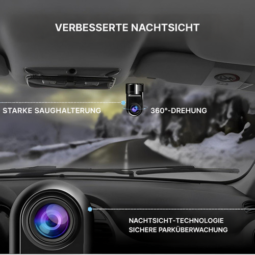 Kamera an der Windschutzscheibe mit Blick auf eine verschneite Bergstraße, dazu Nahaufnahme der Linse für Nachtsicht 3