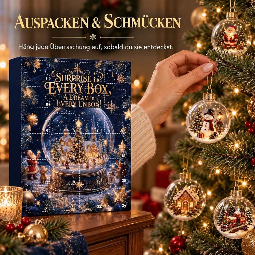 Hand hängt eine Schneemann-Kugel an den Weihnachtsbaum, links steht der Adventskalender auf einer Kommode 9