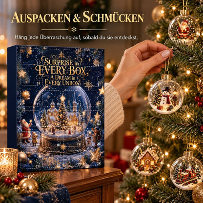 Hand hängt eine Schneemann-Kugel an den Weihnachtsbaum, links steht der Adventskalender auf einer Kommode 9