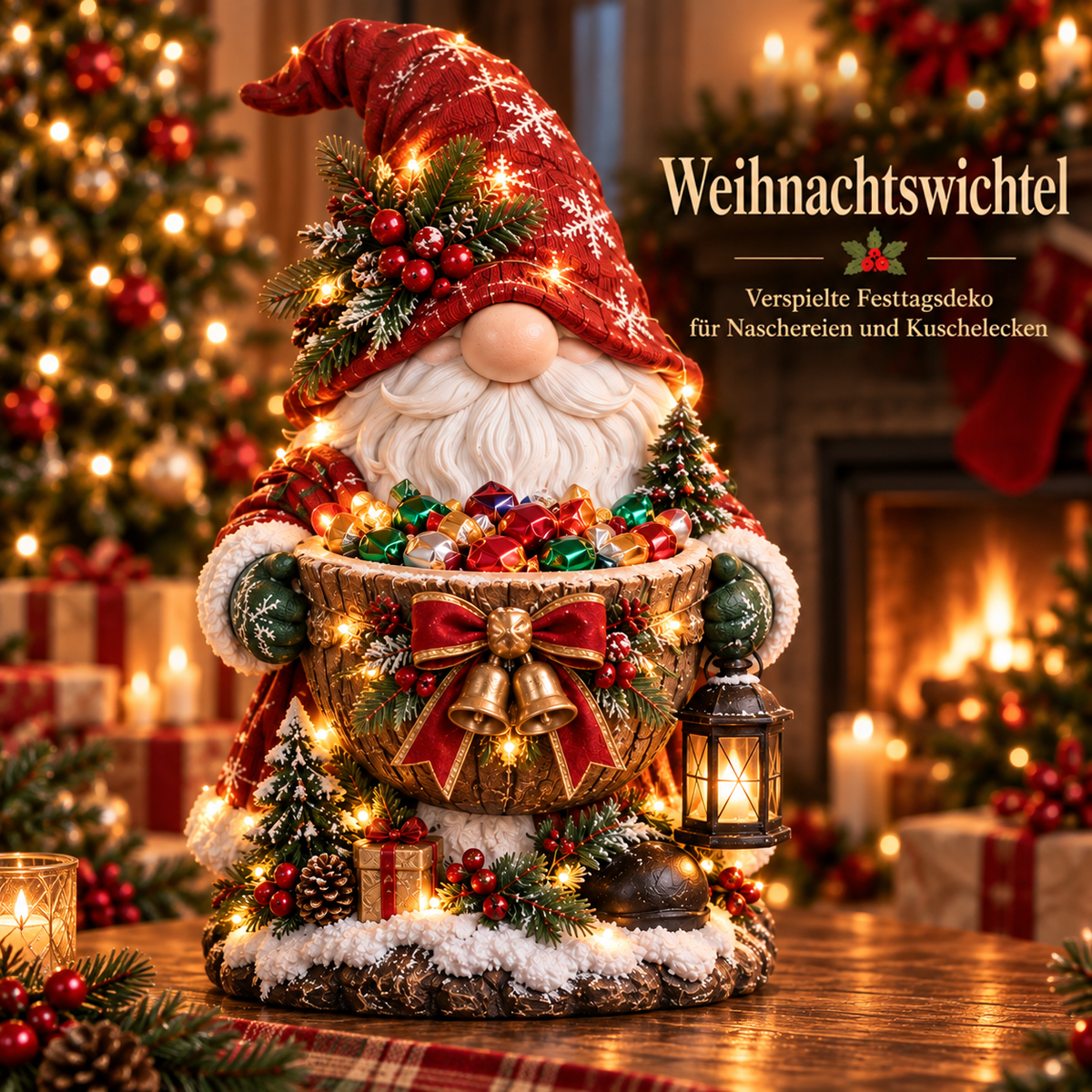 Wichtel-Figur mit roter Mütze und weißem Bart hält eine Schale mit Schleife und Glocken, gefüllt mit Bonbons 5