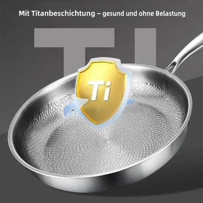 Pfanne mit gehämmerter Innenfläche, darüber eingeblendet ein goldenes Schildsymbol, das auf die Titanschicht hinweisen soll. 6