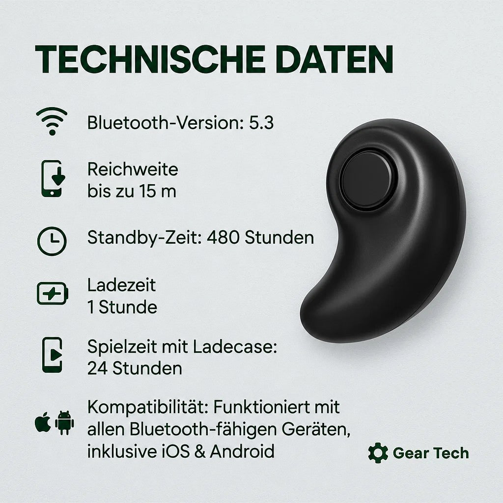 Einzelner schwarzer, bohnenförmiger Ohrhörer mit runder Taste neben einer Liste technischer Daten auf hellem Hintergrund 5