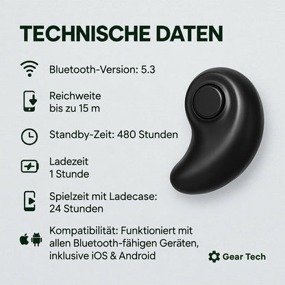 Einzelner schwarzer, bohnenförmiger Ohrhörer mit runder Taste neben einer Liste technischer Daten auf hellem Hintergrund 5