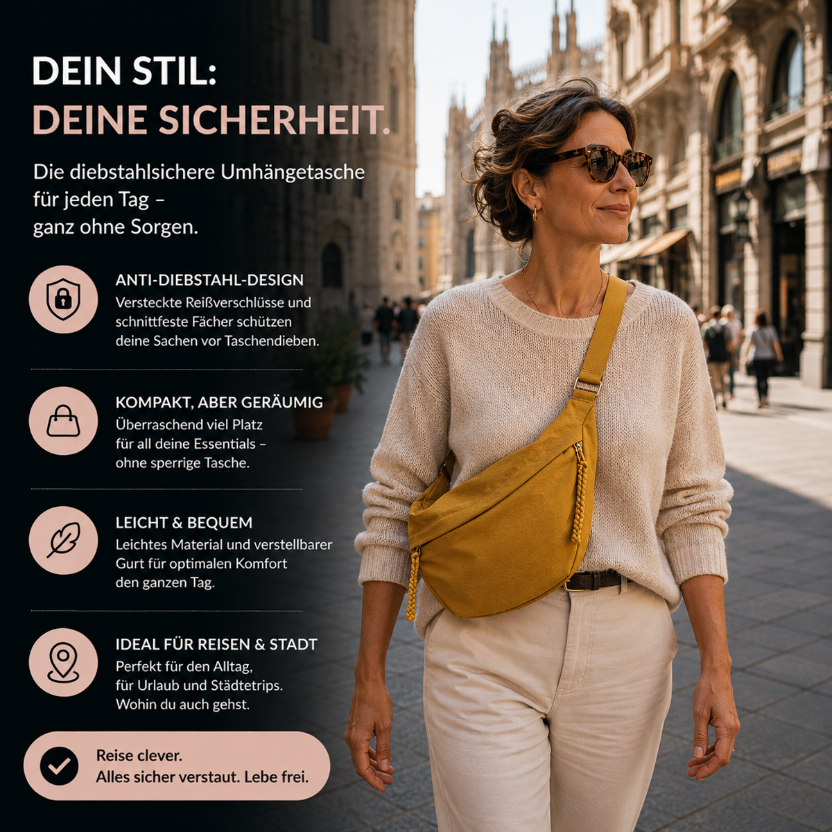 Frau in Pullover und heller Hose trägt die ockerfarbene Tasche quer über der Brust beim Spaziergang durch eine Altstadtstraße, daneben Produktvorteile als Text. 2