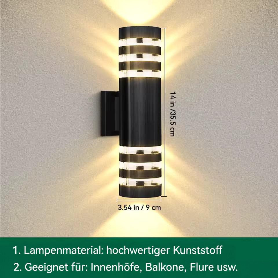 Runde Wandleuchte mit drei Ringen oben und unten, mit eingeblendeten Maßen zur Gesamthöhe und zum Durchmesser 15