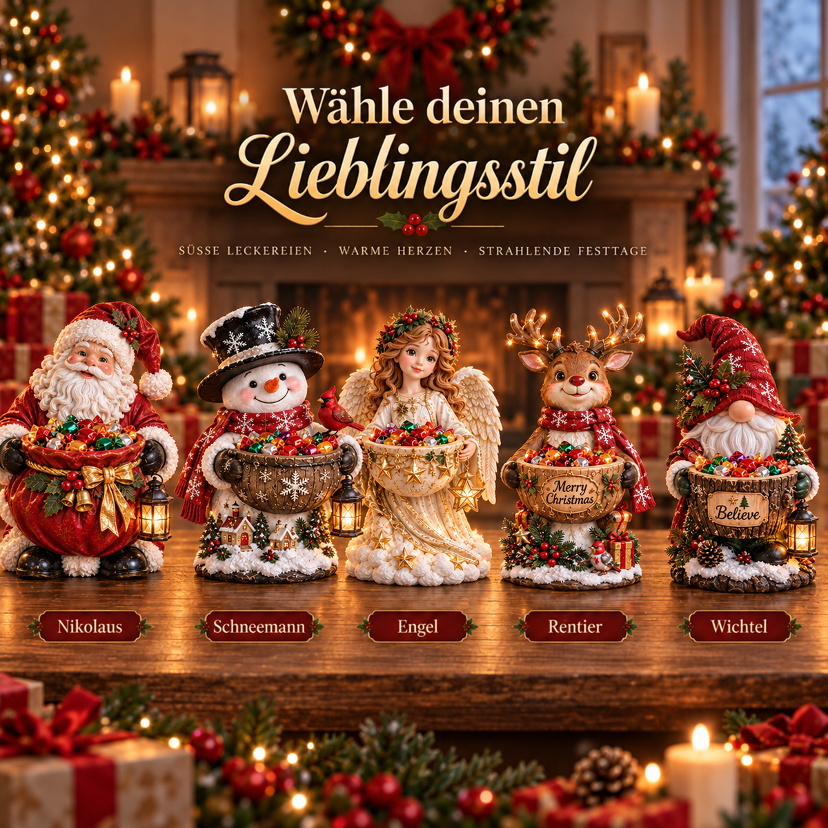 Die fünf Figuren Weihnachtsmann, Schneemann, Engel, Rentier und Wichtel in einer Reihe zur Stilauswahl 9