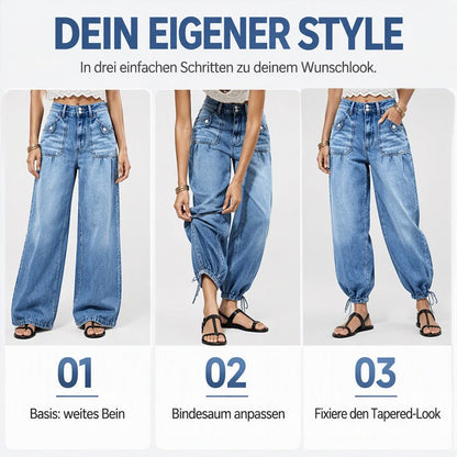 Drei Bilder zum Stylen: weit geschnittenes Bein, Saumkordel wird gerafft und gebunden, fertiger verjüngter Look der blauen Jeans. 8