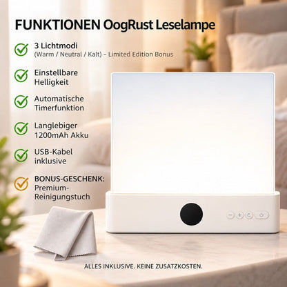 Weiße Standlampe mit Touch-Tasten auf einem Tisch, daneben ein graues Reinigungstuch 6