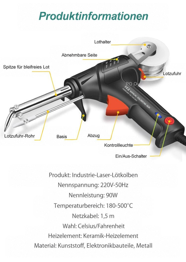 Beschriftetes Gerät mit Bauteilen und einer Liste technischer Daten wie Spannung, Leistung, Temperaturbereich und Kabellänge 8