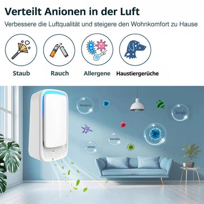 Gerät im hellblauen Wohnzimmer, Symbole zeigen Staub, Rauch, Allergene und Tiergerüche, Luftpartikel schweben herum 8