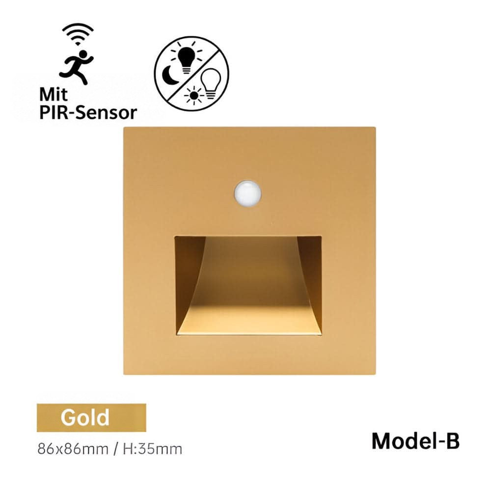 Goldfarbene quadratische Leuchte mit Sensor und rechteckiger Vertiefung, Modell B, Frontansicht 11