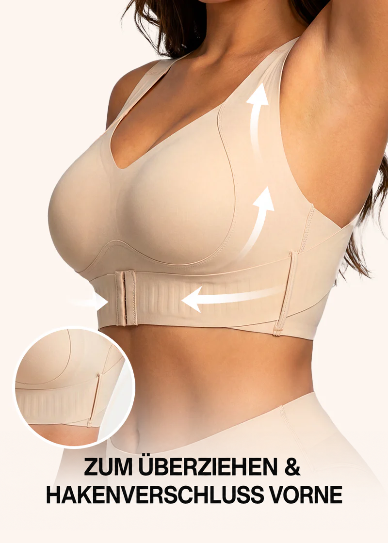 Beiger BH am Model mit erhobenem Arm, Pfeile zeigen den Lifteffekt; Detailkreis zeigt das Seitenteil, Hinweis auf Schlupfform und Haken-Verschluss. 7