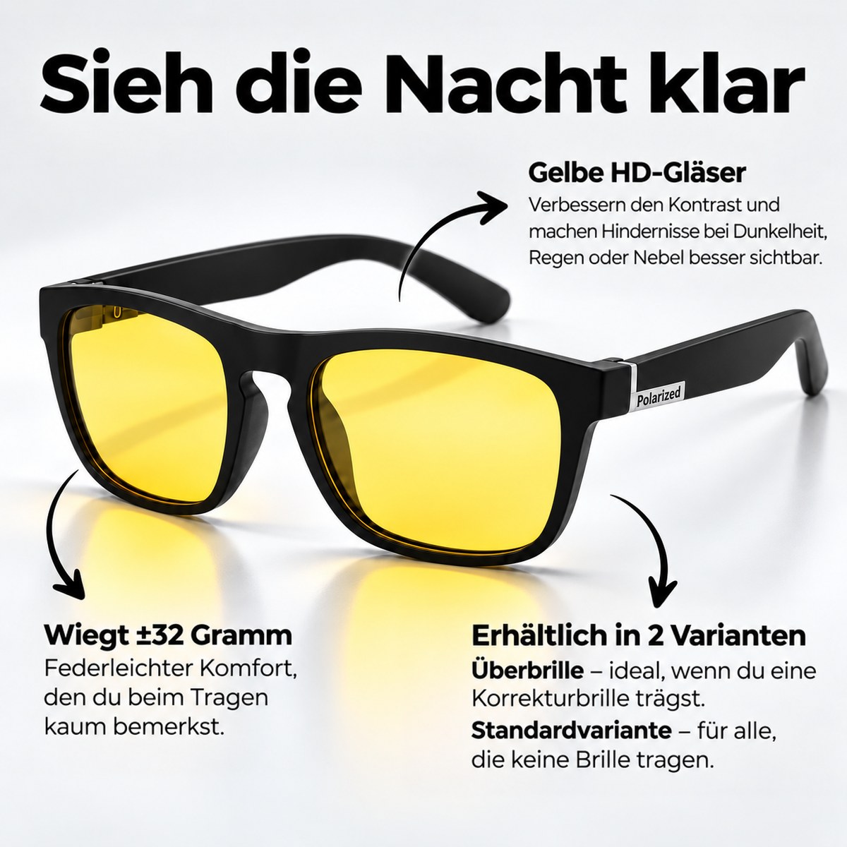 Nachtfahrbrille mit mattschwarzem, eckigem Rahmen und gelben Gläsern, mit Pfeilen zu Gläsern, Gewicht und den zwei Varianten. 5