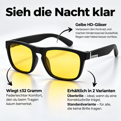 Nachtfahrbrille mit mattschwarzem, eckigem Rahmen und gelben Gläsern, mit Pfeilen zu Gläsern, Gewicht und den zwei Varianten. 5