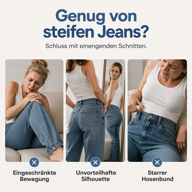Collage mit drei Frauen in weißen Tops und steifen, gerade geschnittenen Jeans, die unbequem sitzen, als Gegenbeispiel zur lockeren Passform. 3