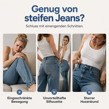 Collage mit drei Frauen in weißen Tops und steifen, gerade geschnittenen Jeans, die unbequem sitzen, als Gegenbeispiel zur lockeren Passform. 3
