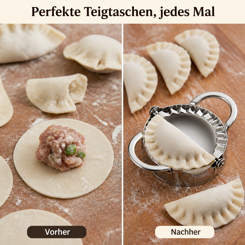 Vorher-nachher-Bild: links Teigrunde mit Hackfüllung und ungleichmäßige Teigtaschen, rechts gleichmäßig gerillte Teigtaschen neben der Form. 4