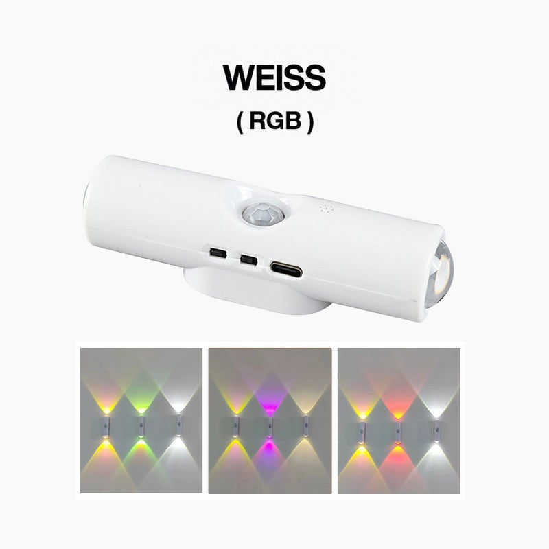 Weiße Wandleuchte mit Sensor und USB-C-Anschluss, darunter drei Wandbeispiele mit buntem RGB-Farblicht 2