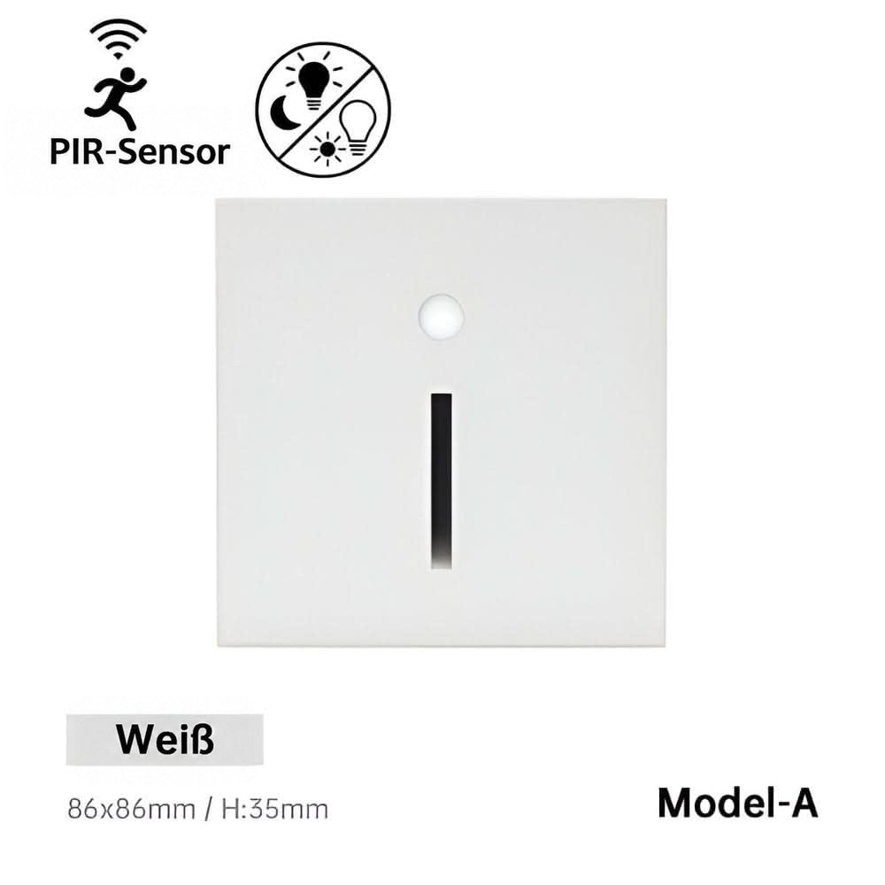 Weiße quadratische Leuchte mit Sensorpunkt und senkrechtem Lichtschlitz, Modell A, Frontansicht 9
