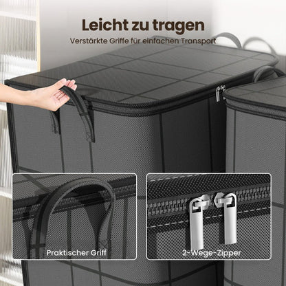 Nahaufnahme der verstärkten Tragegriffe, eine Hand hebt einen Griff an; Detailbild des Zwei-Wege-Reißverschlusses mit Metallzippern. 8