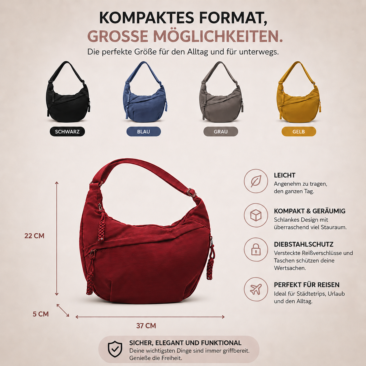 Übersicht der Tasche in vier Farbvarianten, darunter eine rote Tasche mit eingezeichneten Maßen, daneben Symbole zu Eigenschaften. 3