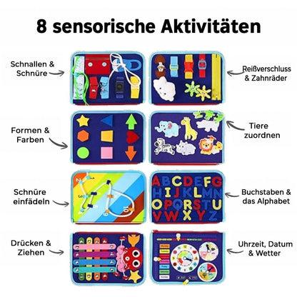 Übersicht der acht blauen Aktivitätsseiten des Filzbuchs mit kurzen Beschriftungen zu Schnallen, Formen, Buchstaben und Uhr 6