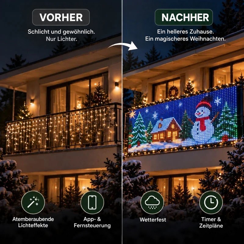 Vorher-nachher-Vergleich: Balkon mit schlichten Lichterketten links, rechts Lichtvorhang mit Schneemann und Winterhaus als 3