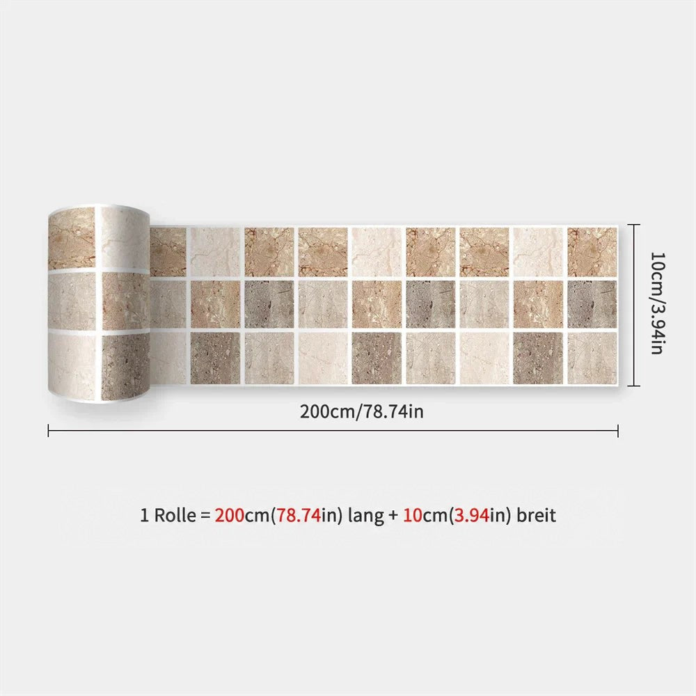 Aufgerollter Streifen mit Mosaik in Beige-, Braun- und Cremetönen in Natursteinoptik, mit Maßangaben 46