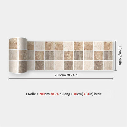 Aufgerollter Streifen mit Mosaik in Beige-, Braun- und Cremetönen in Natursteinoptik, mit Maßangaben 46