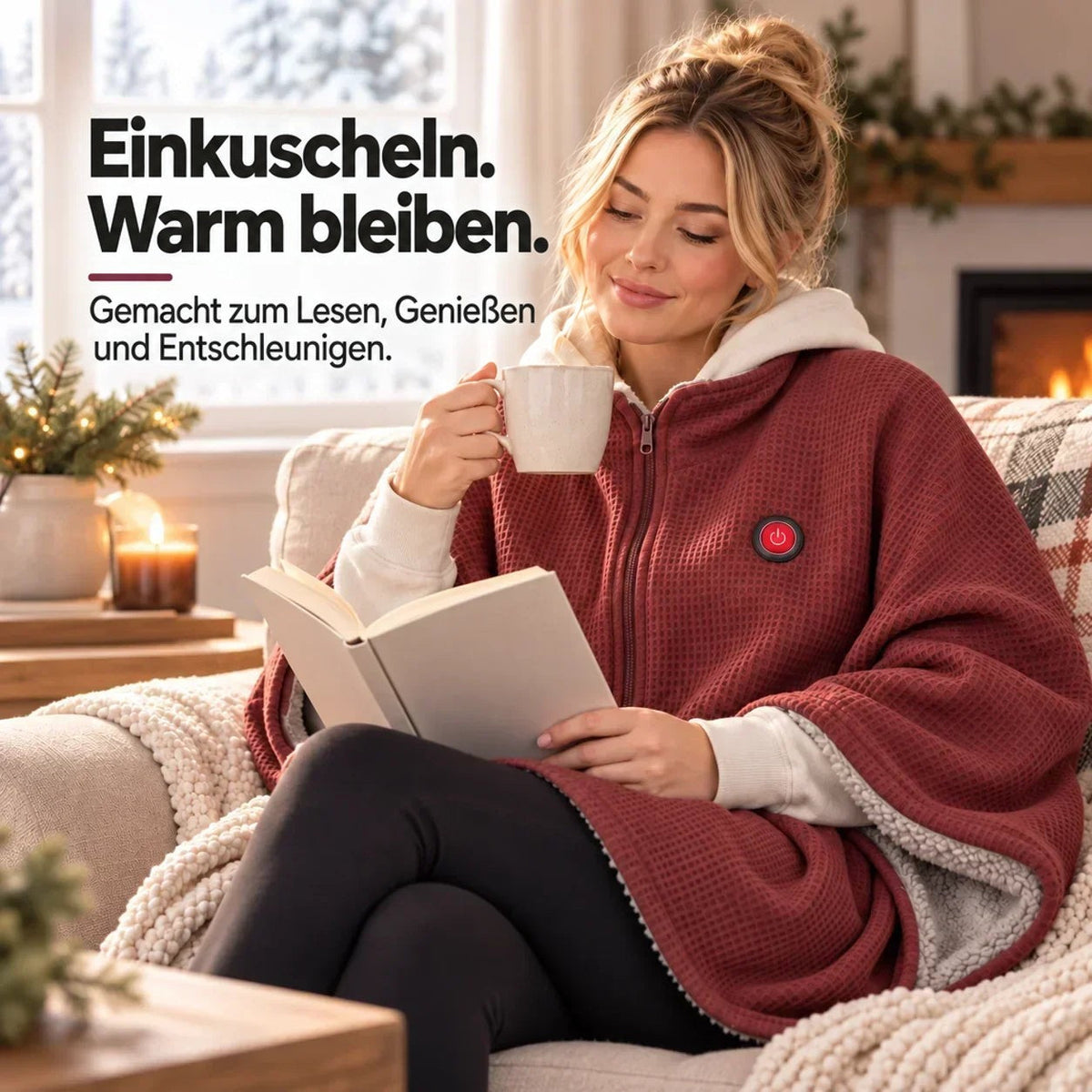 Frau liest mit Tasse auf dem Sofa in der roten Heizdecke mit Kapuze, im Hintergrund ein Kamin 10