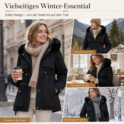 Collage: Frau im schwarzen Parka mit Schal in Stadt, in den Bergen, im Café und im Schnee 7