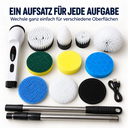 Alle Teile im Überblick: Handgerät, Bürstenköpfe, Schwämme, Pads, USB-Ladekabel und zwei Stangenteile 2