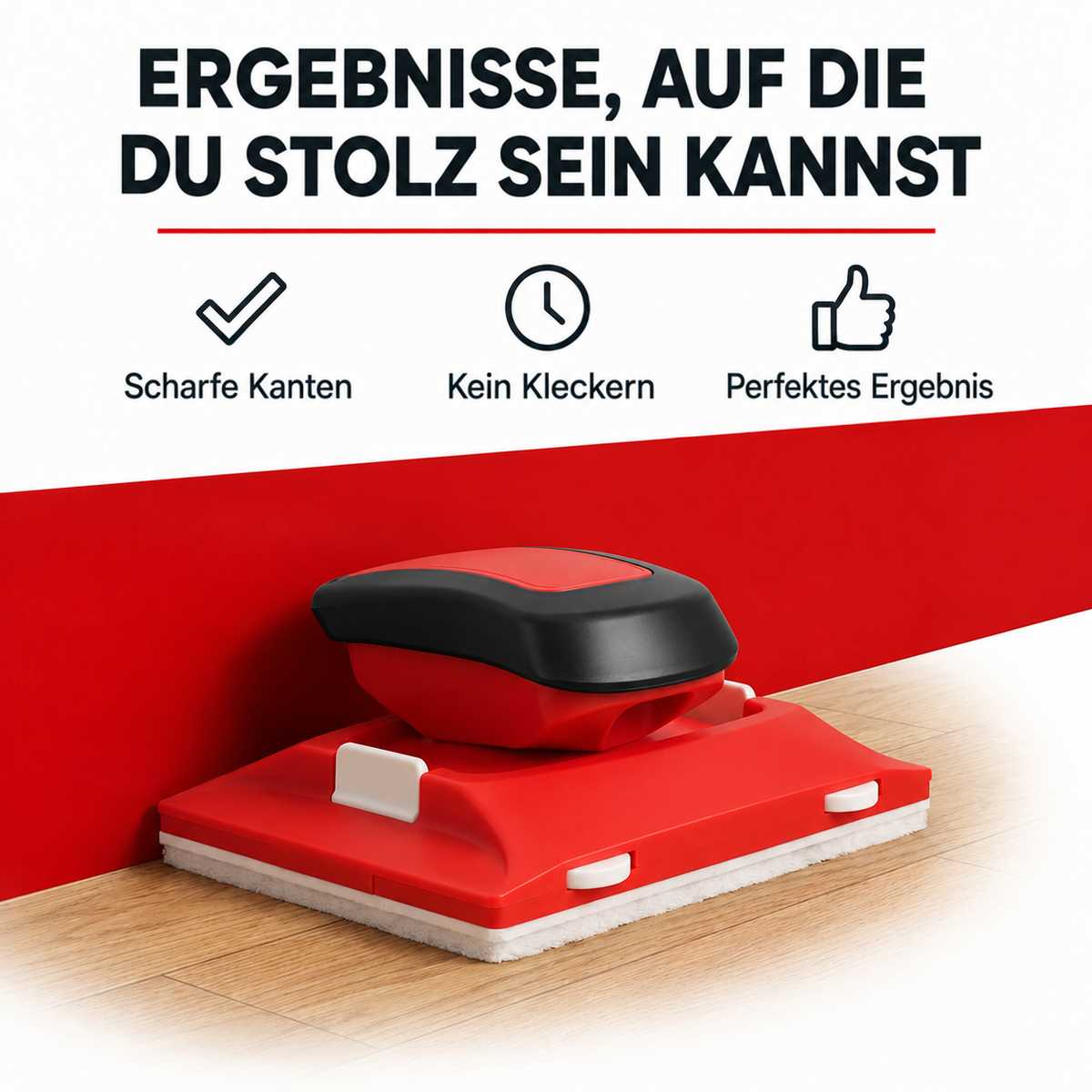 Rotes Kantenwerkzeug mit schwarzem Griff steht am Übergang zwischen roter Wand und Holzboden 2