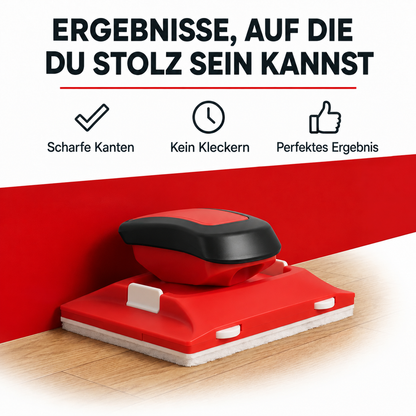 Rotes Kantenwerkzeug mit schwarzem Griff steht am Übergang zwischen roter Wand und Holzboden 2