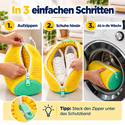 Drei Schritte der Anwendung: Reißverschluss öffnen, Schuhe einlegen, Beutel in die Maschine geben, mit Detail des Zippers 6