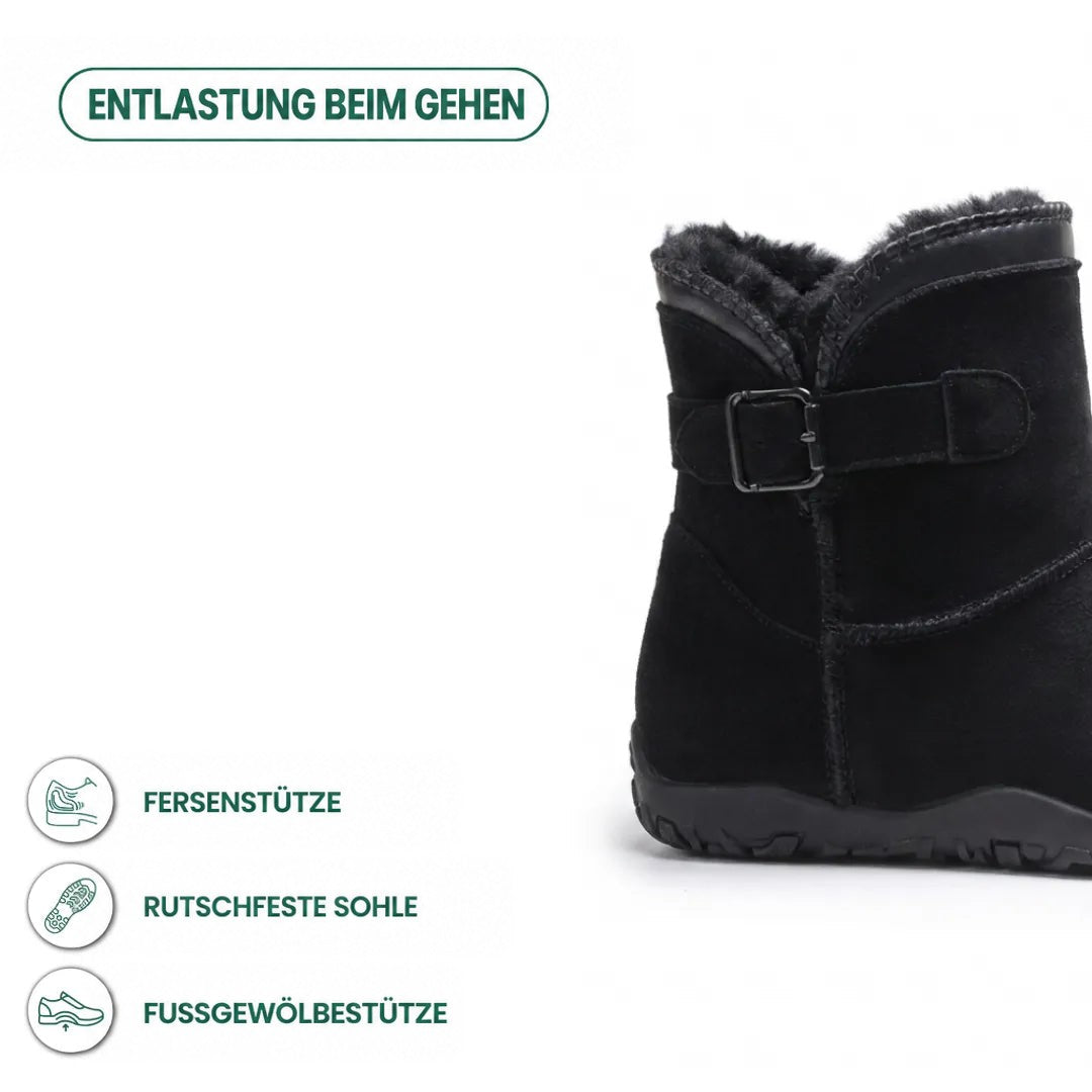 Schwarzer Stiefel mit Schnalle, daneben Symbole zu Fersenhalt, rutschfester Sohle und Fußgewölbe-Unterstützung 13