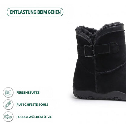 Schwarzer Stiefel mit Schnalle, daneben Symbole zu Fersenhalt, rutschfester Sohle und Fußgewölbe-Unterstützung 13