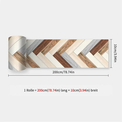 Aufgerollter Streifen mit Fischgrätmuster in Holzoptik aus Weiß, Beige, Grau und Braun, Maßangaben 200 x 10 cm 35