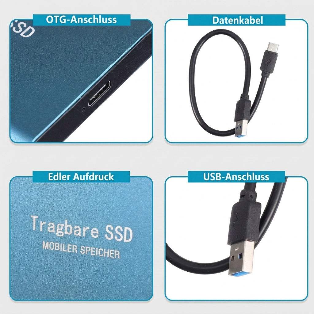 Vier Detailansichten: Anschlussbuchse, Kabel mit USB-A-Stecker, Gehäuseoberfläche der blauen SSD und USB-Stecker 7