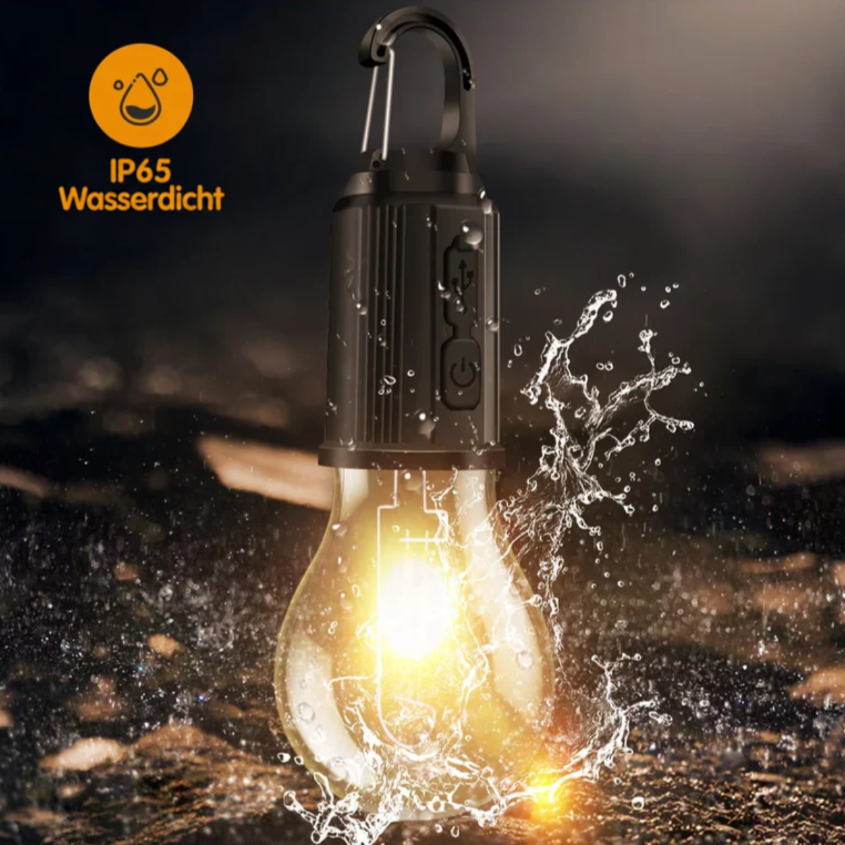 Lampe wird mit Wasser bespritzt und leuchtet weiter, Symbol weist auf Wasserschutz hin 9