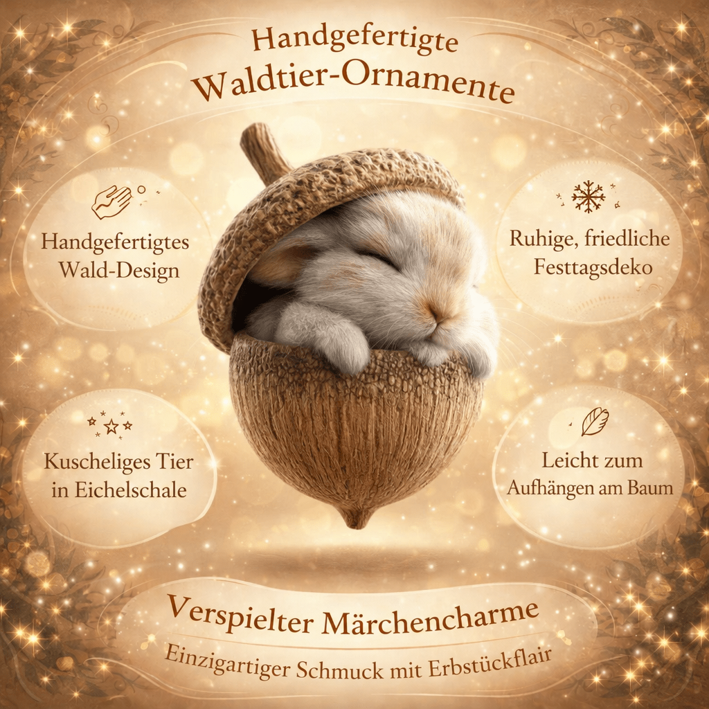 Produktgrafik mit Häschen in der Eichel, umgeben von Textfeldern zu Merkmalen des Schmucks 7
