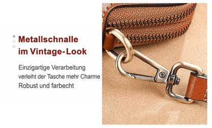 Detailaufnahme des Karabinerhakens in Vintage-Optik am Lederträger neben dem Reißverschluss 15